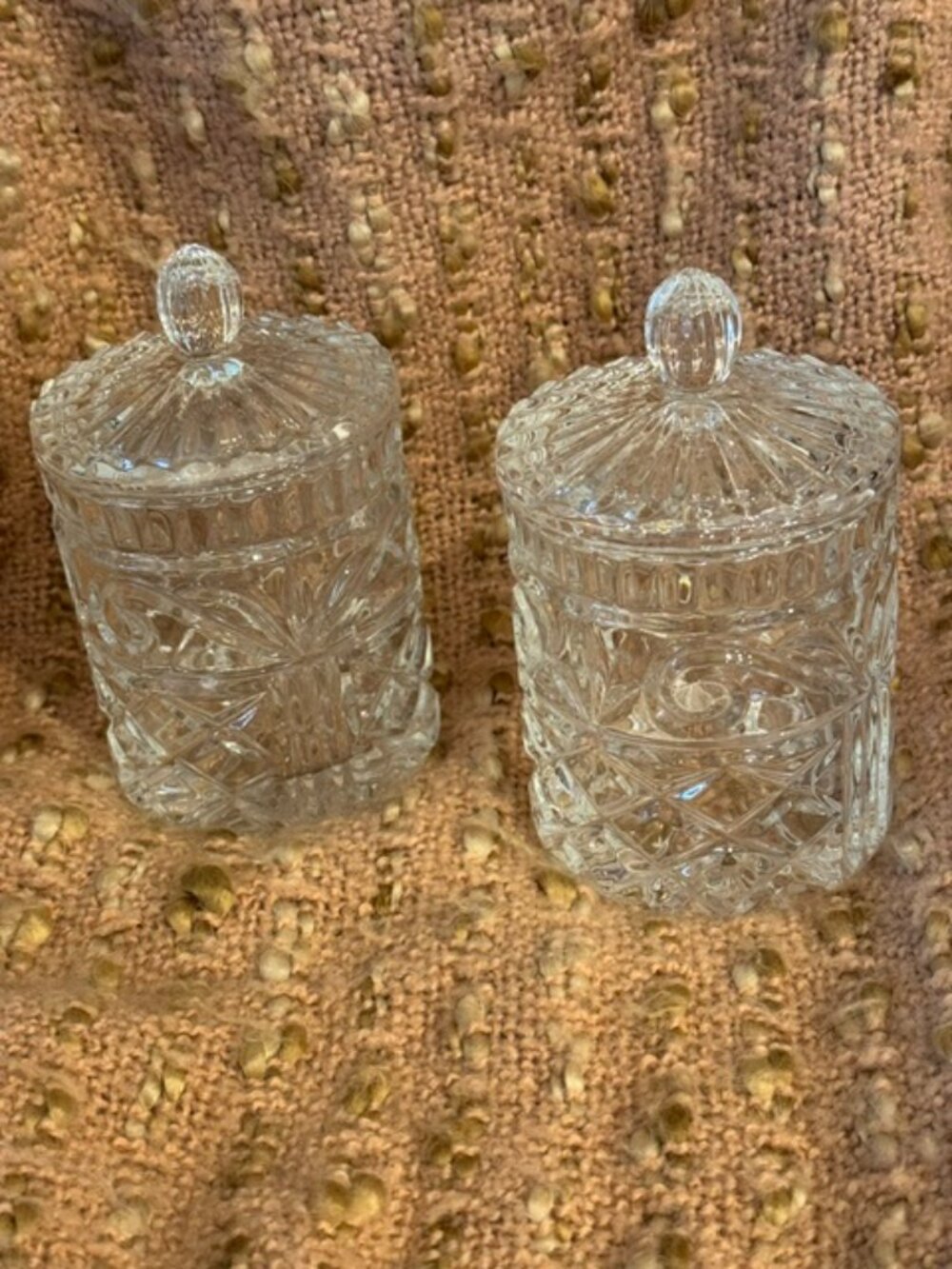 Vintage Pair of Fifth Avenue Crystal Brighton Lidded Vanity Jars